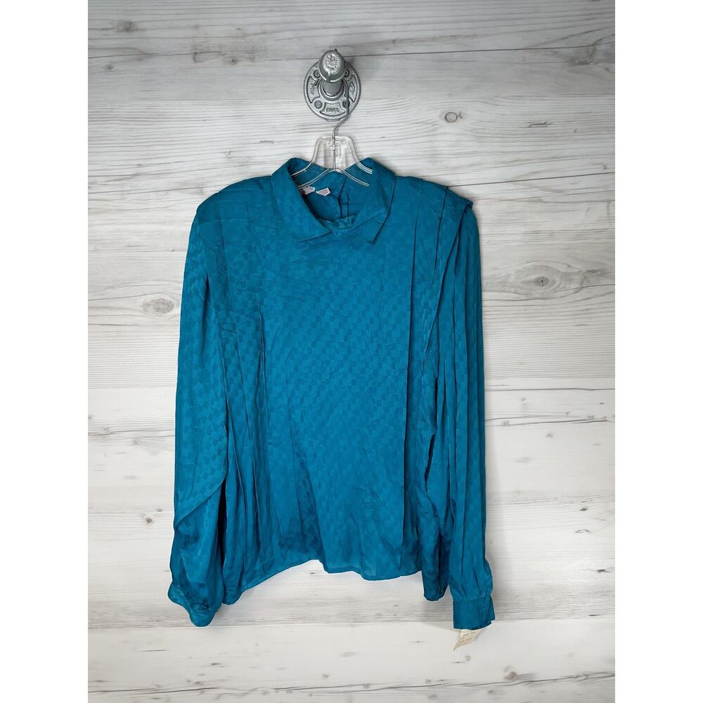 Laura and Jayne Blouse Womens 18 Teal Spruce Mock Neck Jacquard Long Sleeve Top